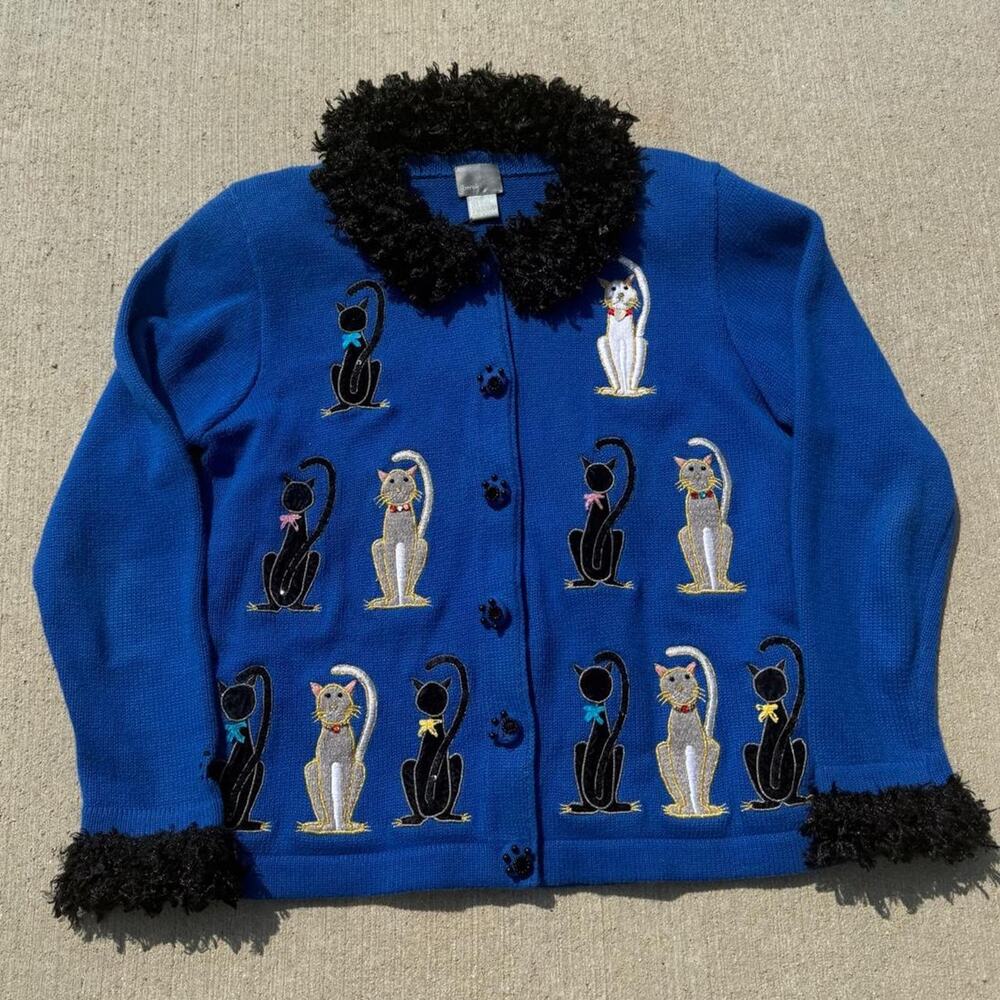 Vintage Berek Blue Cat Embroidered Furry Trim Sweater Cardigan Size Small
